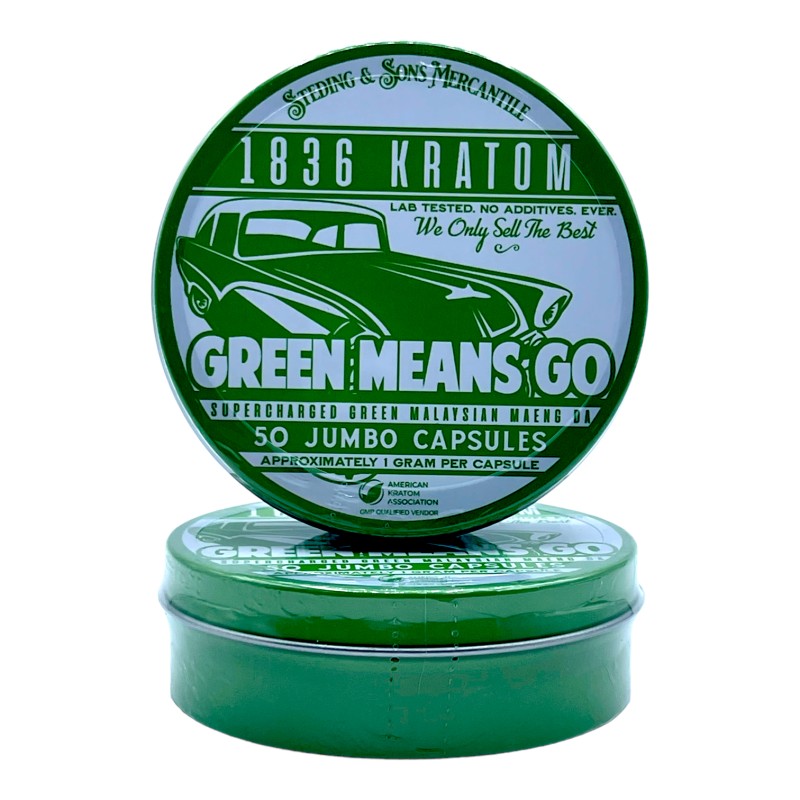 1836 Kratom 150ct Jumbo Caps Green Means Go Tin